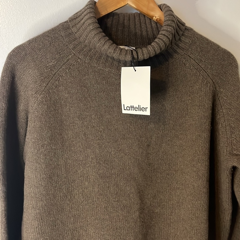 NWT Lattelier Yak Wool Preppy Classic Brown Ribbed Loose Turtleneck Sweater Sz M - Picture 2 of 9